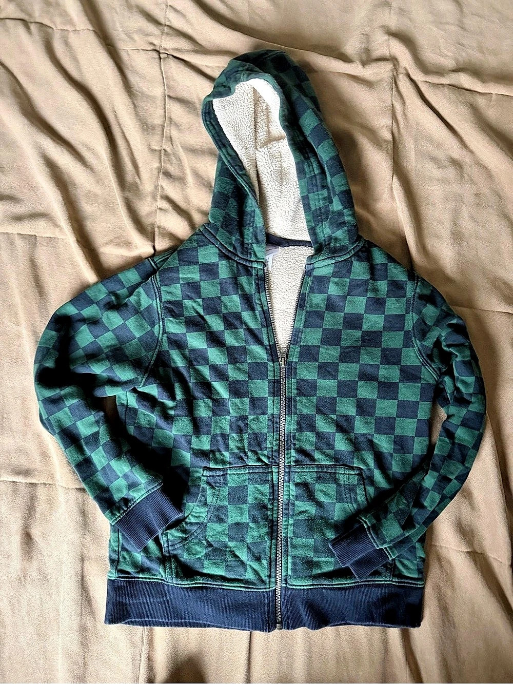 Hanna Andersson Checkered Zip Up Hoodie in French Terry / Sherpa Lined Boys Size